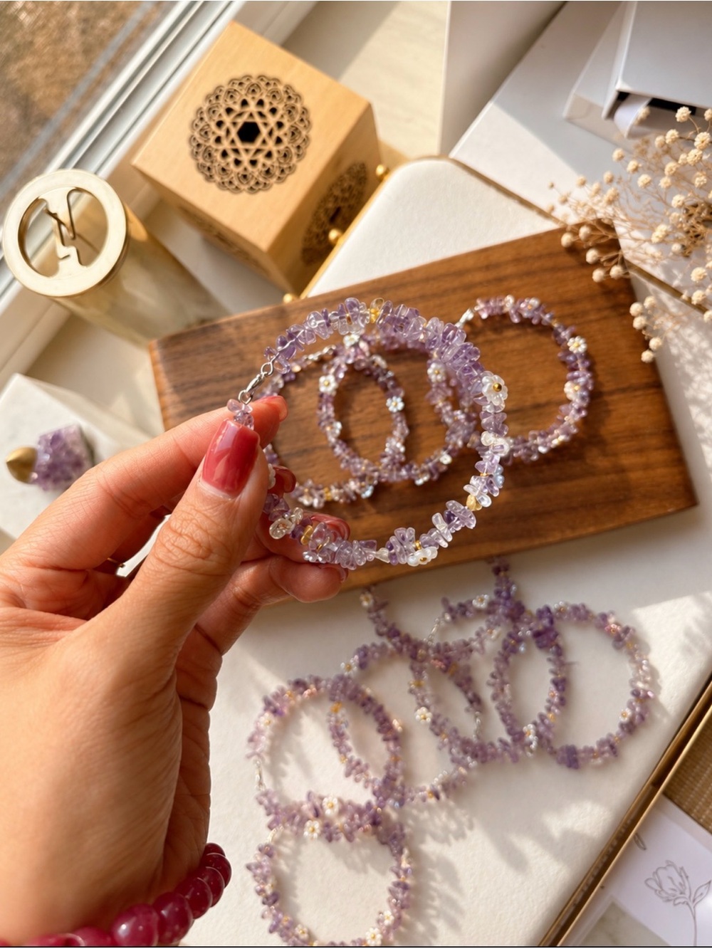 Amethyst Crystal Chip Bracelet | Violet Blossom Flower Bracelet | February